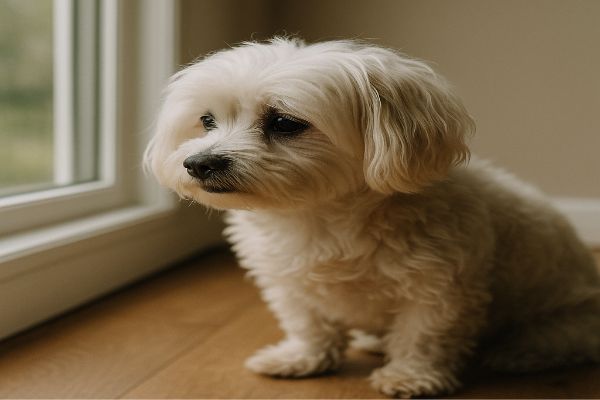 창가 옆에서 침울한 표정의 말티즈가 바깥을 바라보는 모습이 무기력해 보인다.