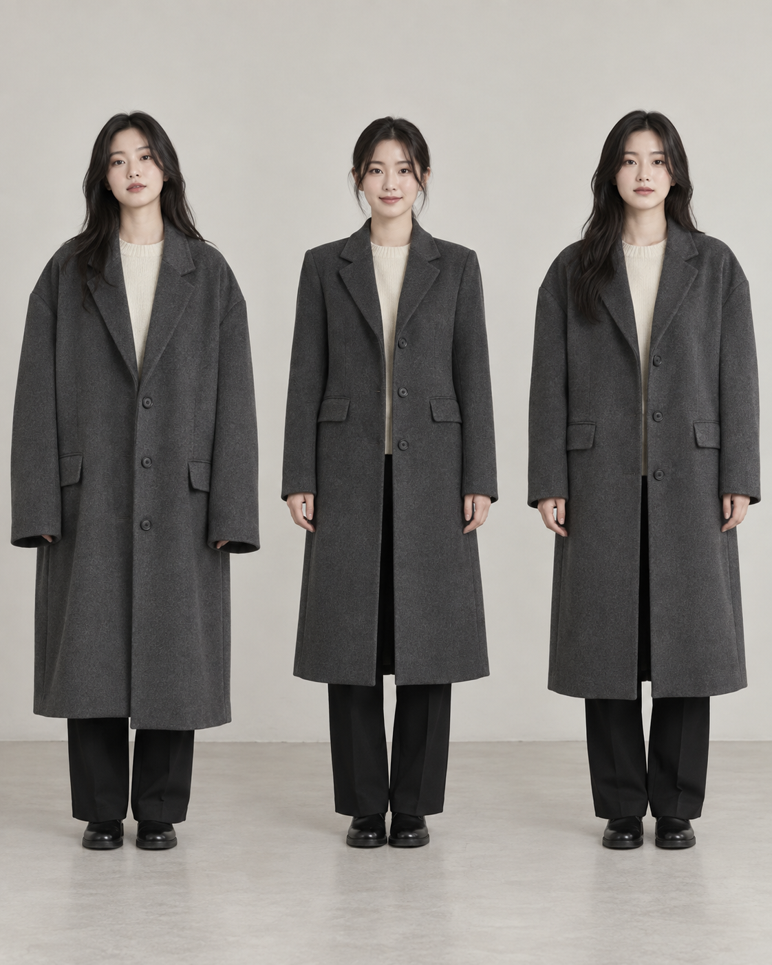 같은 차콜 롱코트의 큰 레귤러 핏 / 쁘띠 / 오버사이즈 핏을 어깨와 소매 위치로 비교