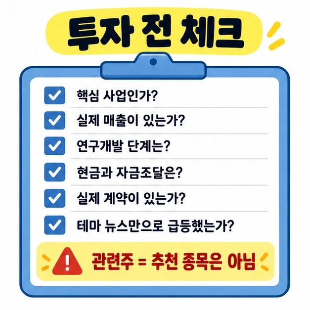 오가노이드 관련주 투자 전 사업 직접성, 매출화, 기술 단계, 현금흐름, 실제 계약, 테마 변동성을 확인하도록 정리한 카드