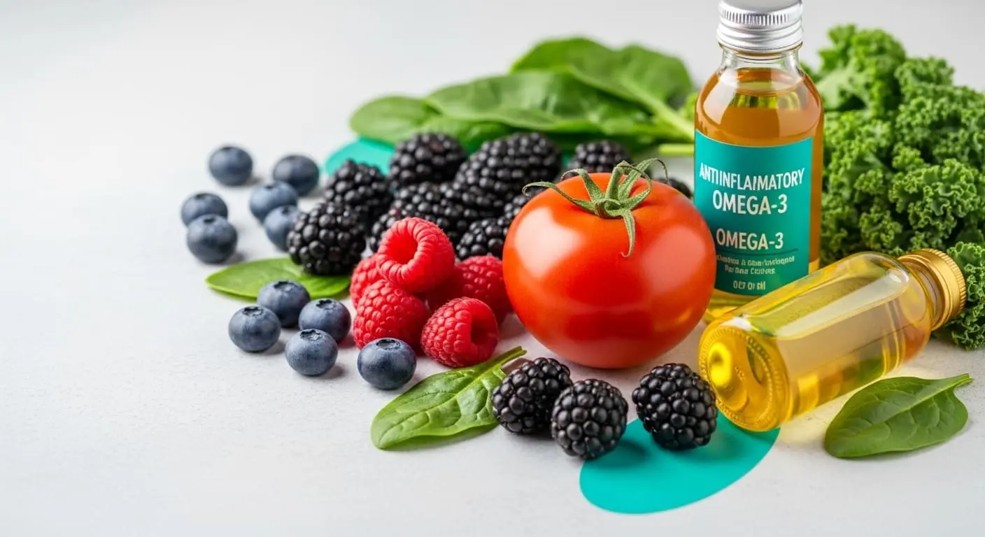 블루베리, 토마토, 시금치, 연어, 들기름 등 만성염증 감소에 도움이 되는 항염증 식품들이 신선하게 놓여 있는 모습.