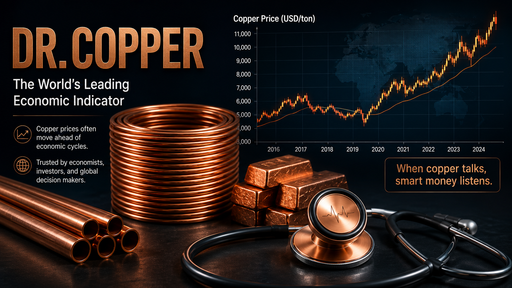 Dr. Copper economic indicator with copper coils, copper bars, stethoscope and rising copper price chart