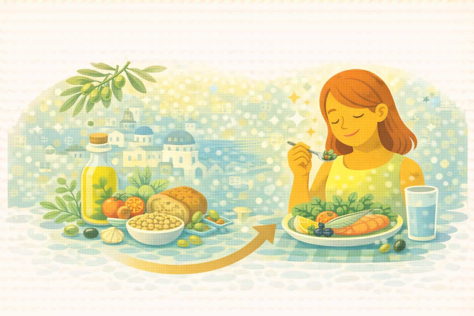 올리브유, 채소, 생선, 통곡물 위주의 식단을 실천하며 건강을 관리하는 여성의 지중해 식단 일러스트