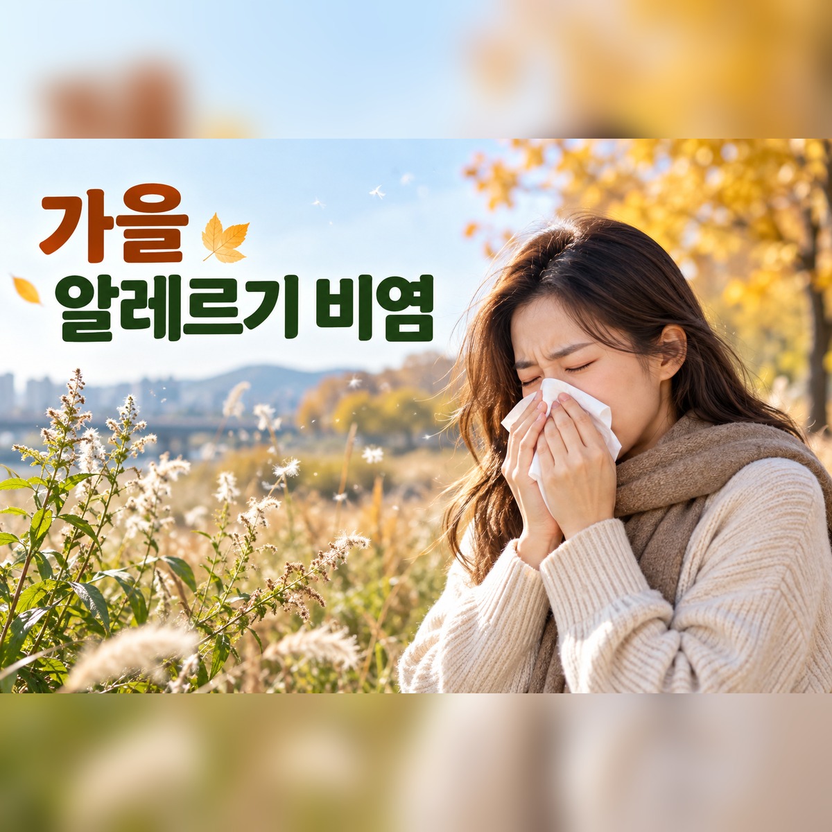 가을 야외에서 휴지로 코를 가리는 여성과 비염 안내 문구