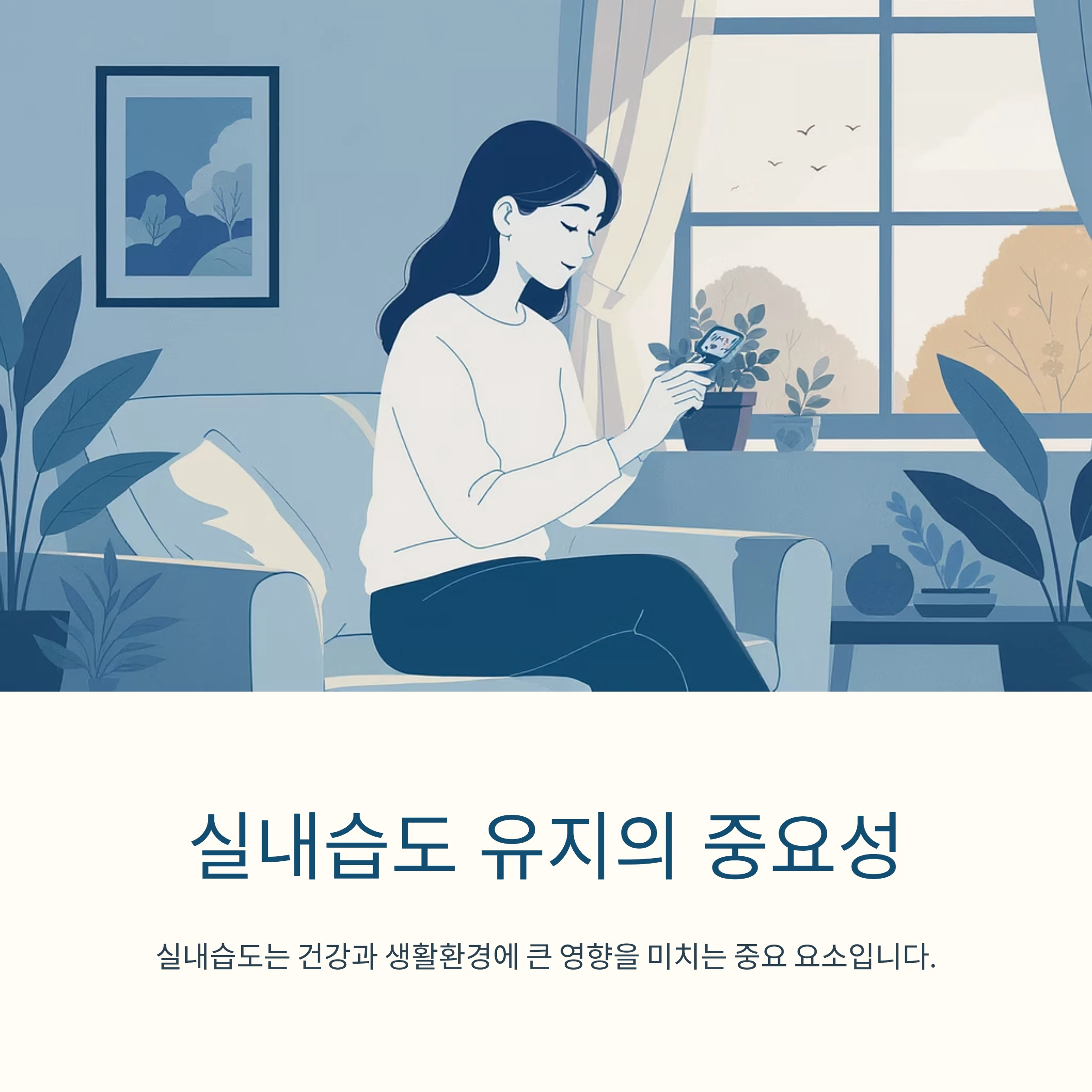 소파에 앉아 스마트폰을 보는 여성 일러스트와 &lsquo;실내습도 유지의 중요성&rsquo; 문구가 있는 대표 이미지