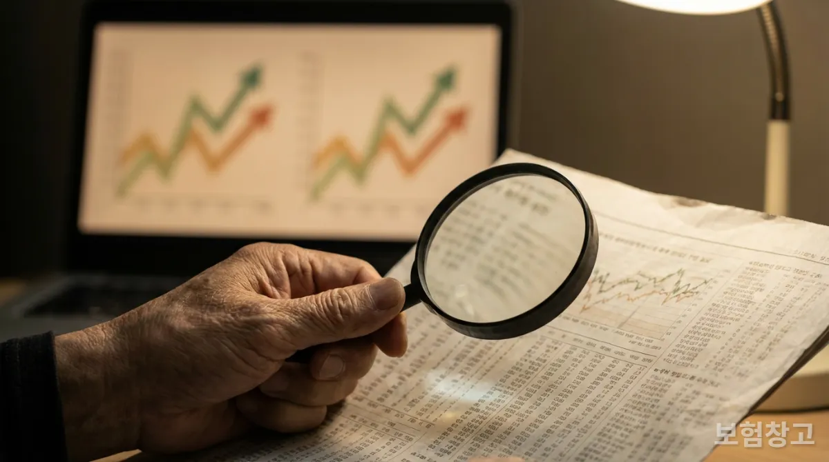 복잡한 보험 약관을 돋보기로 들여다보는 노인의 손, 갱신형 보험료 인상의 어려움을 표현합니다.