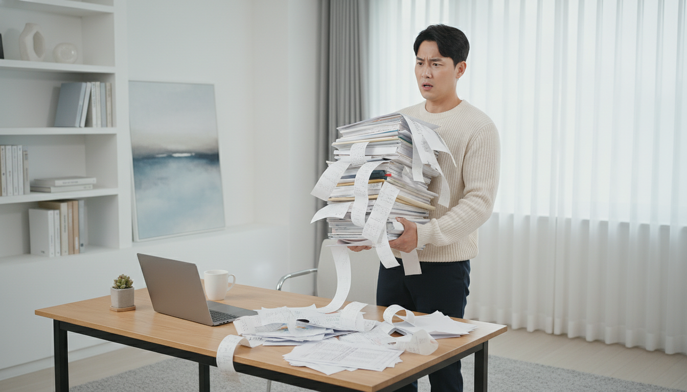 다양한 세금 증빙 서류를 들고 혼란스러워하는 한국인 프리랜서