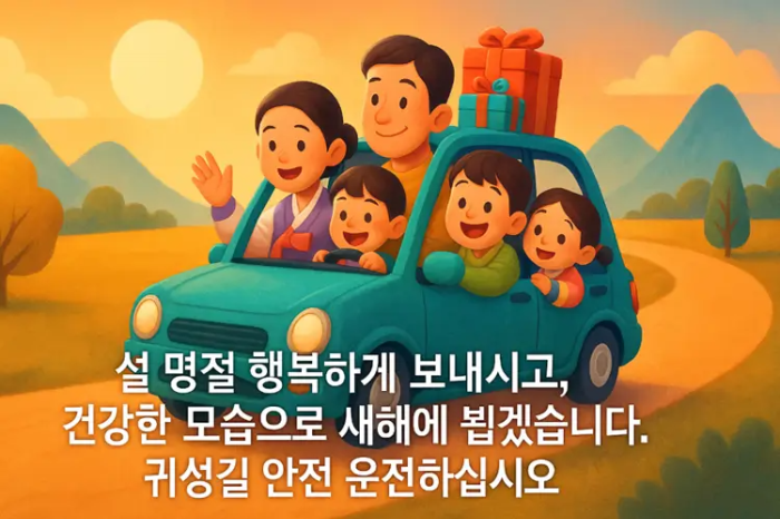 가족 차타고 귀향-직장 동료 구정 인사말