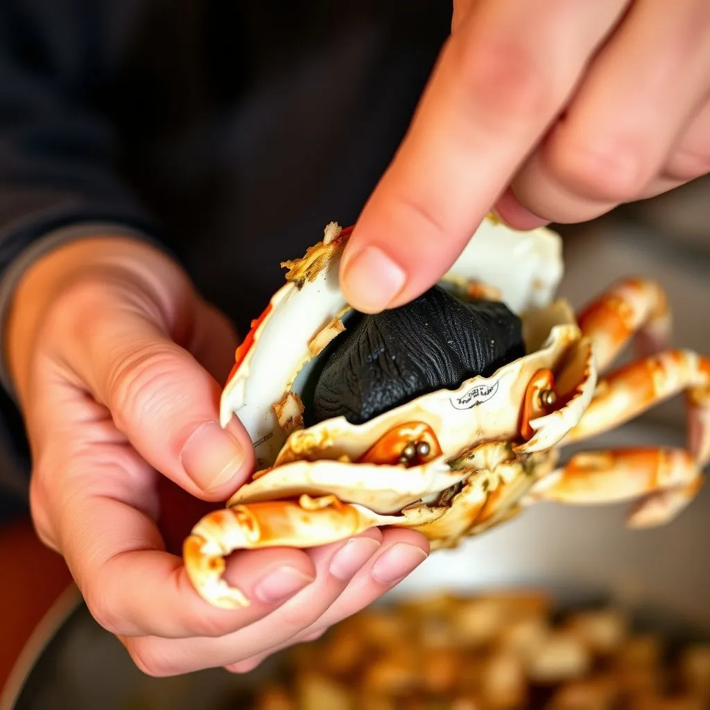 꽃게의 배딱지를 열어 검은색 내장 주머니(모래주머니)를 제거하거나, 입 부분을 손질하는 모습입니다. 손가락으로 불순물 부분을 가리키거나 제거하는 섬세한 과정이 부각됩니다.