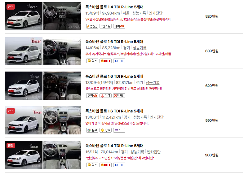 폭스바겐 폴로 중고차 가격 시세표 연비