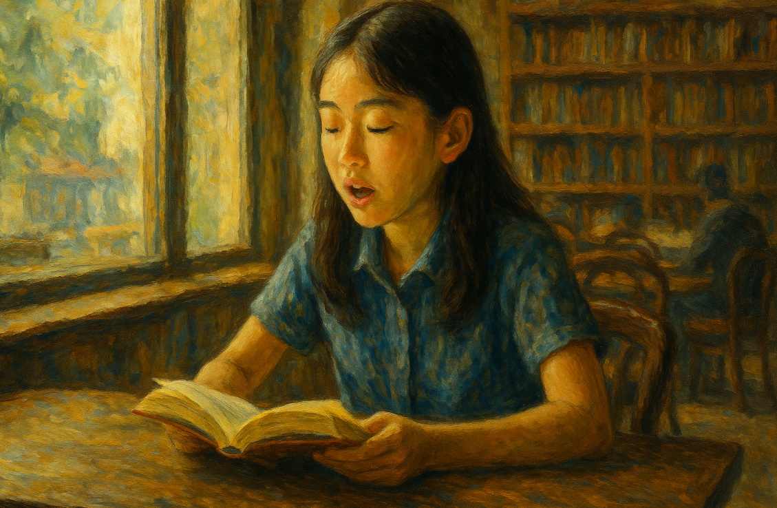 소리 내어 책을 읽는 소녀의 모습