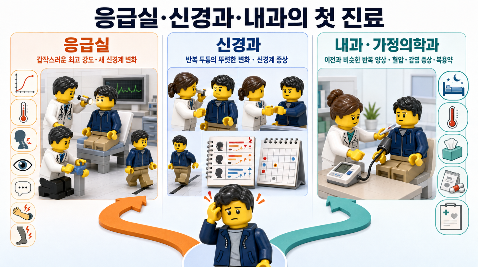 두통 증상에 따른 응급실·신경과·내과·가정의학과의 첫 진료 기준을 비교한 레고 의료 인포그래픽