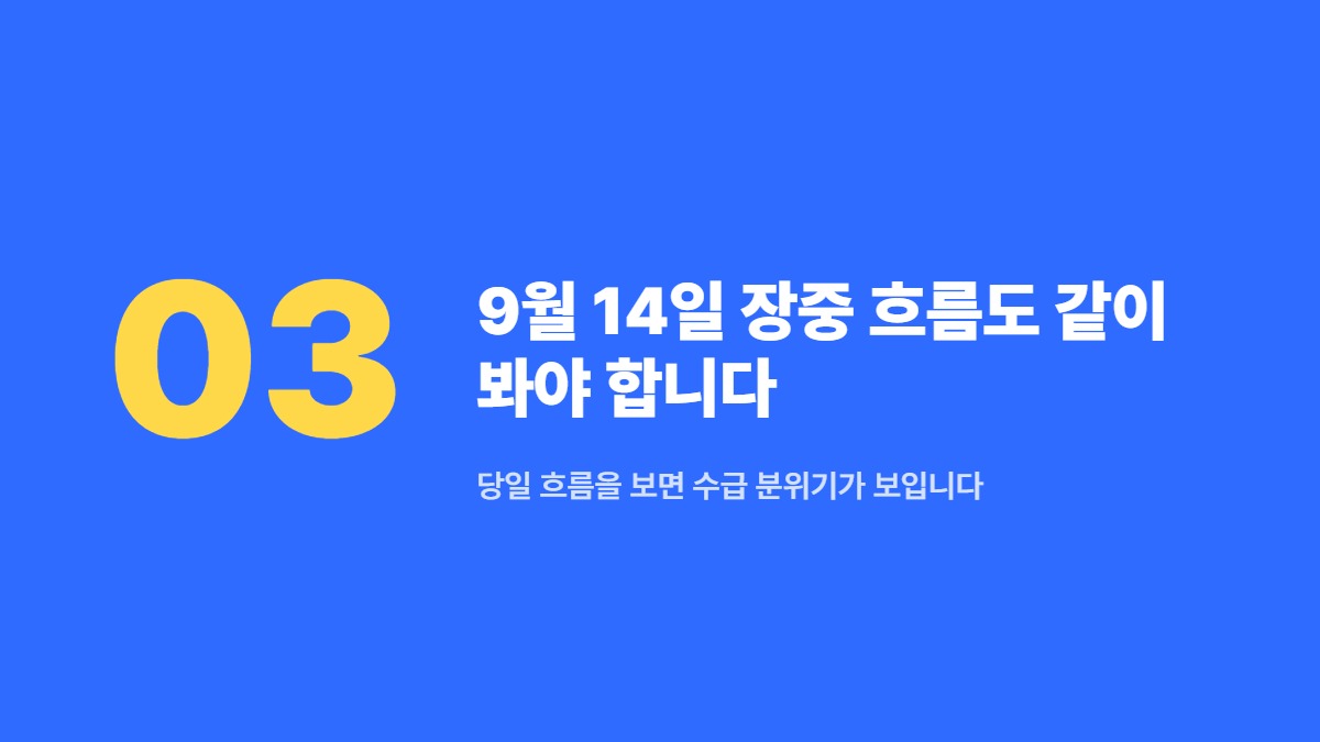 9월 14일 장중 흐름도 같이 봐야 합니다 — 당일 흐름을 보면 수급 분위기가 보입니다