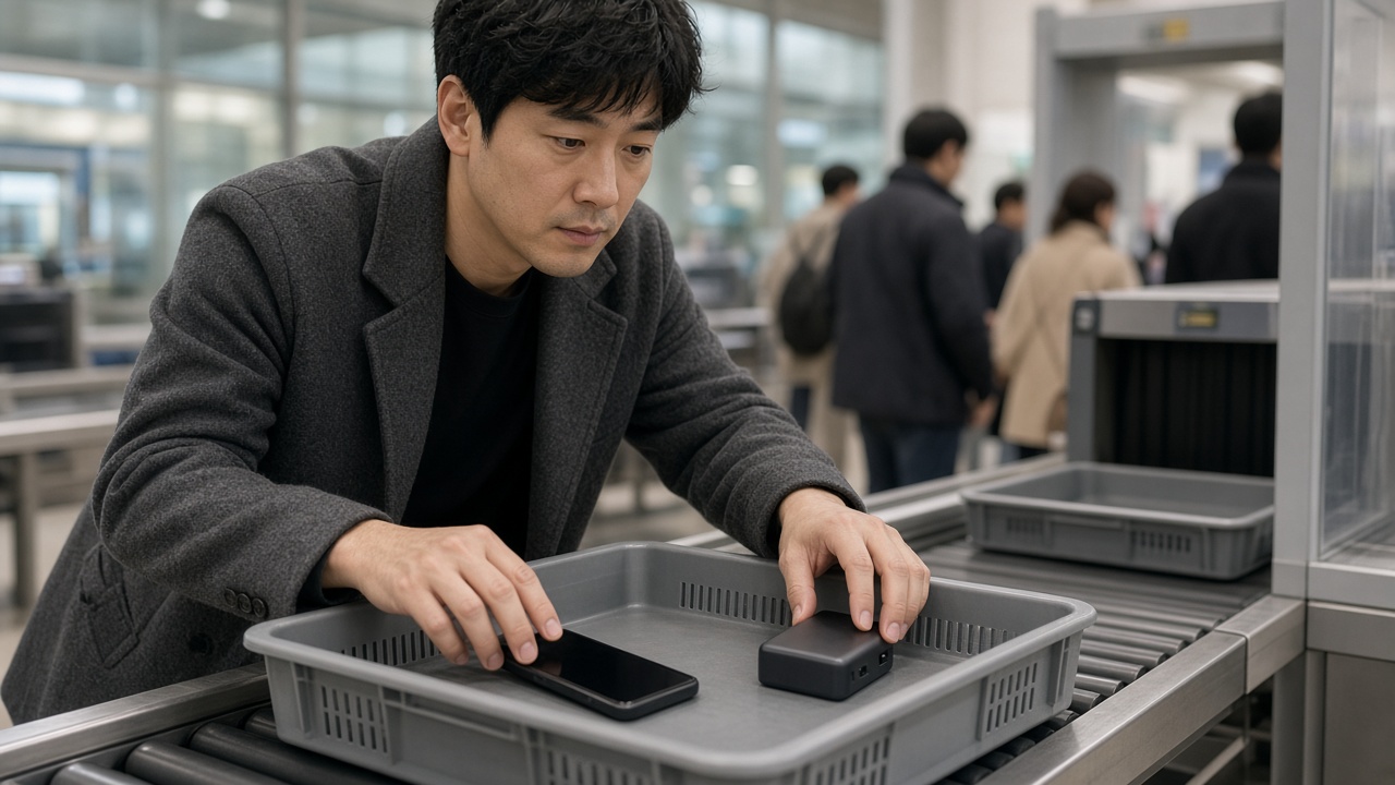 공항 보안 검색대 바구니에 스마트폰과 보조배터리를 따로 꺼내 놓는 30대 한국인 남성