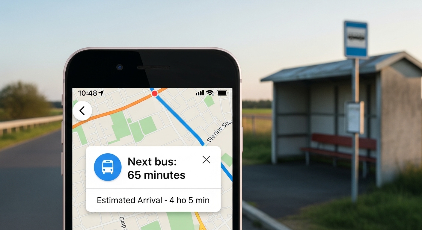 스마트폰 지도 앱으로 시골 버스 정류장의 배차 간격을 확인하는 모습. '다음 버스 65분 후 도착' 이라는 정보가 강조되어 있음.