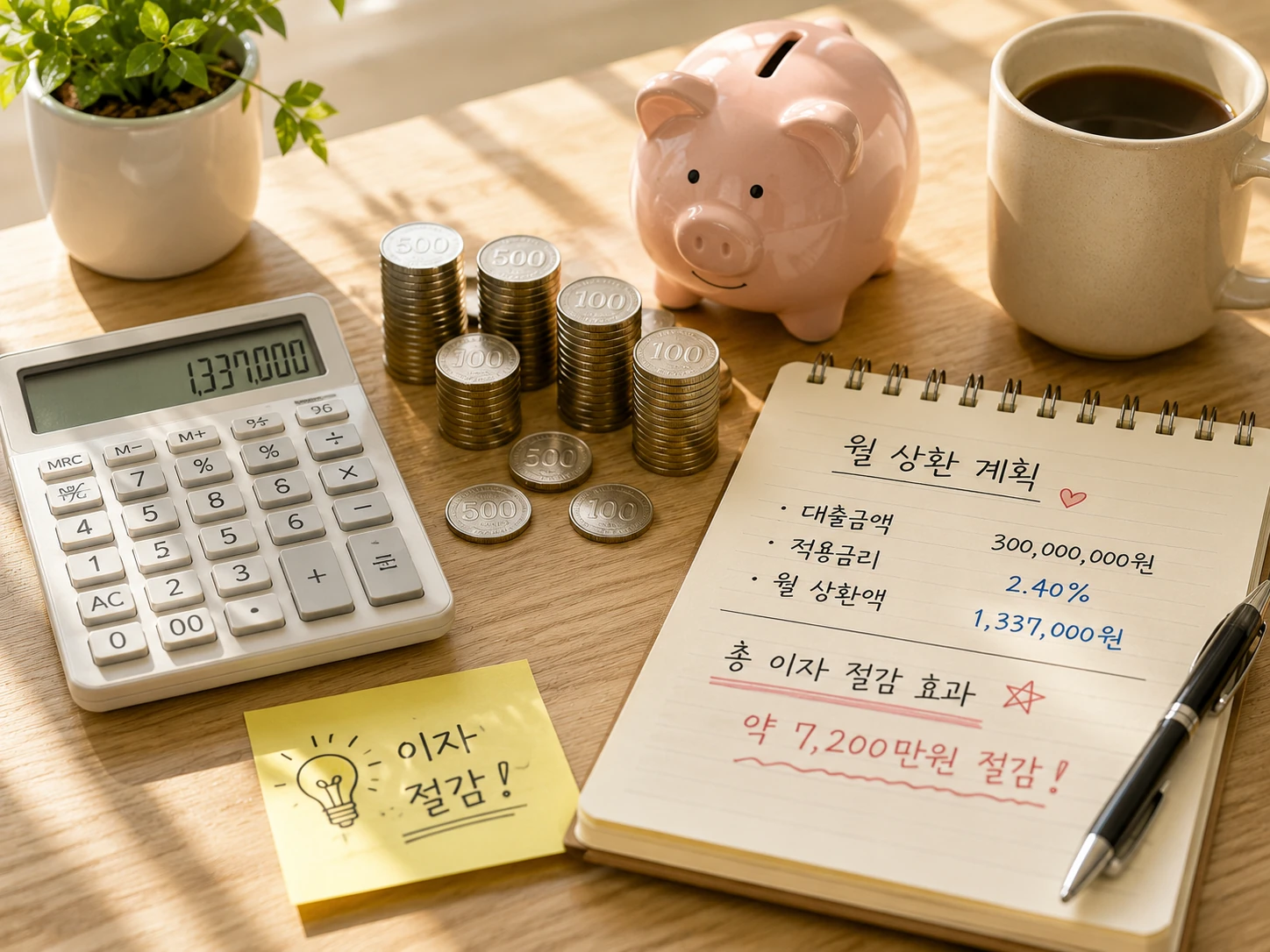계산기와 저금통, 동전으로 디딤돌대출 이자 절감을 계산하는 모습