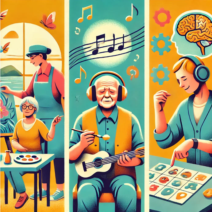 미술치료 (왼쪽)- 환자가 캔버스에 그림을 그리며 창의적인 활동을 하는 모습, 음악치료 (가운데) - 환자가 헤드폰을 쓰고 음악을 들으며 리듬에 맞춰 손가락을 두드리는 모습, 인지훈련 (오른쪽) - 환자가 치료사와 함께 퍼즐이나 기억력 훈련을 하는 모습