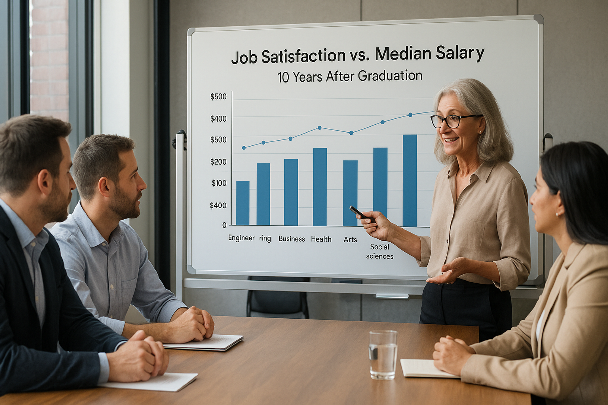 미국 기업체 회의실에서 직업 만족도에 대해 토론하는 모습