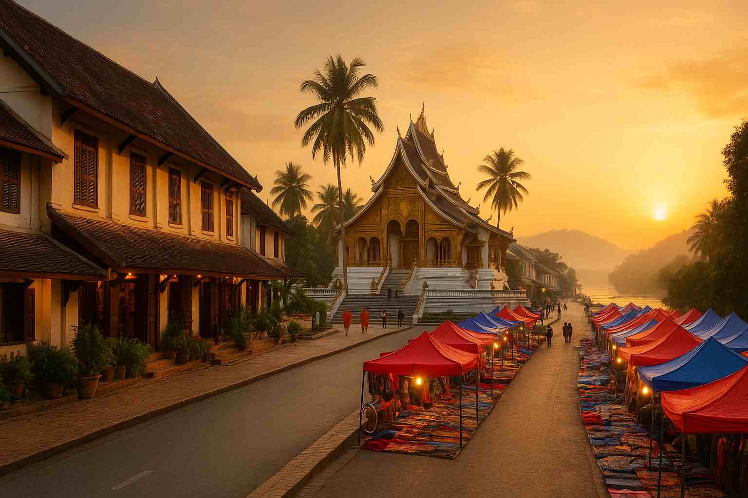 루앙프라방의 사원과 야시장이 어우러진 일출 풍경, 전통 건축과 메콩강이 조화를 이루는 고요한 아침 거리