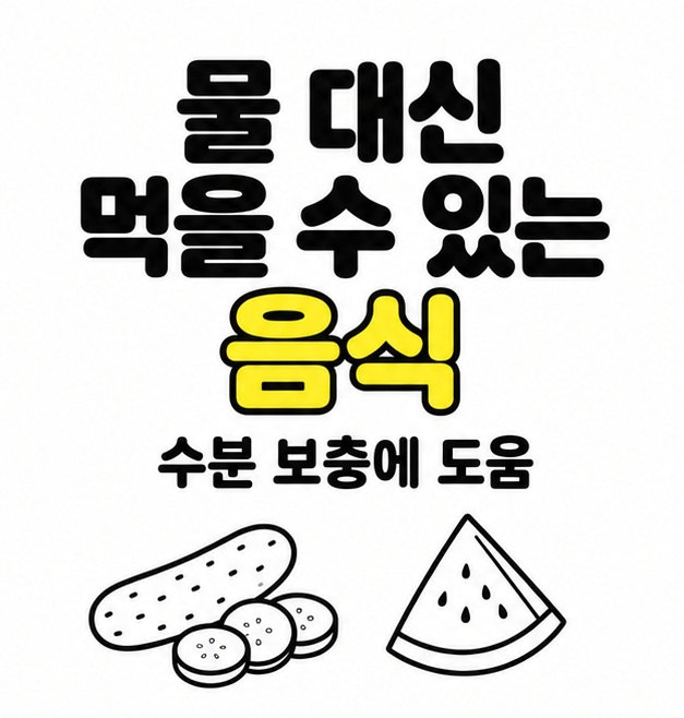 물 대신 먹을 수 있는 음식이라는 제목과 수분 보충에 도움이라는 설명 아래에 오이와 수박을 배치한 이미지