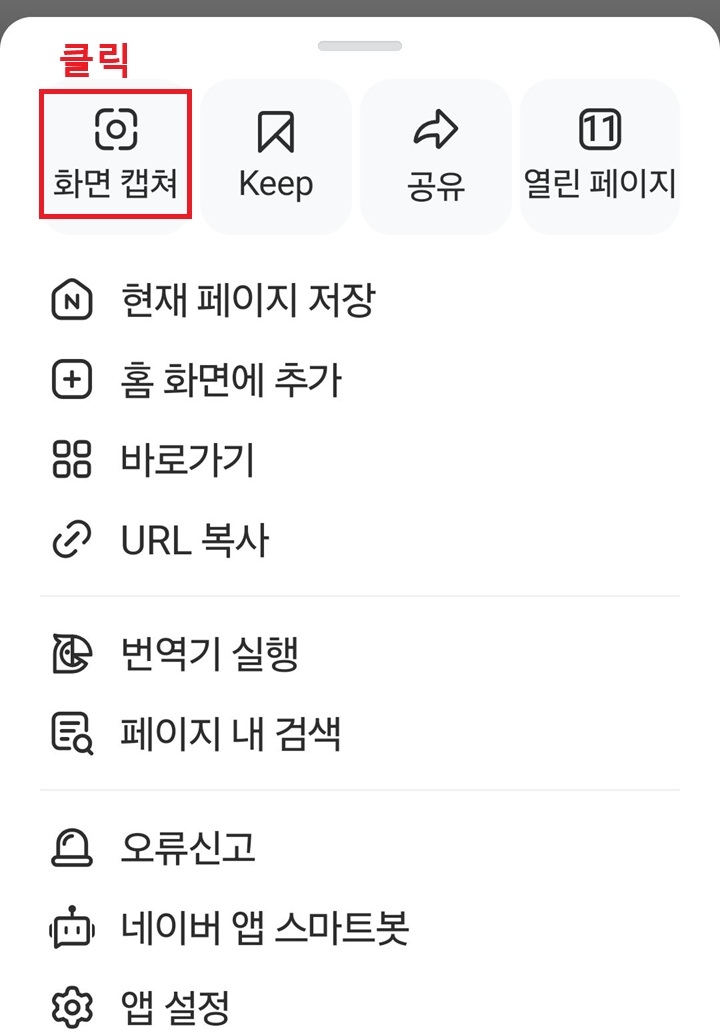 화면 좌측 상단에 화면 캡쳐 메뉴 보임