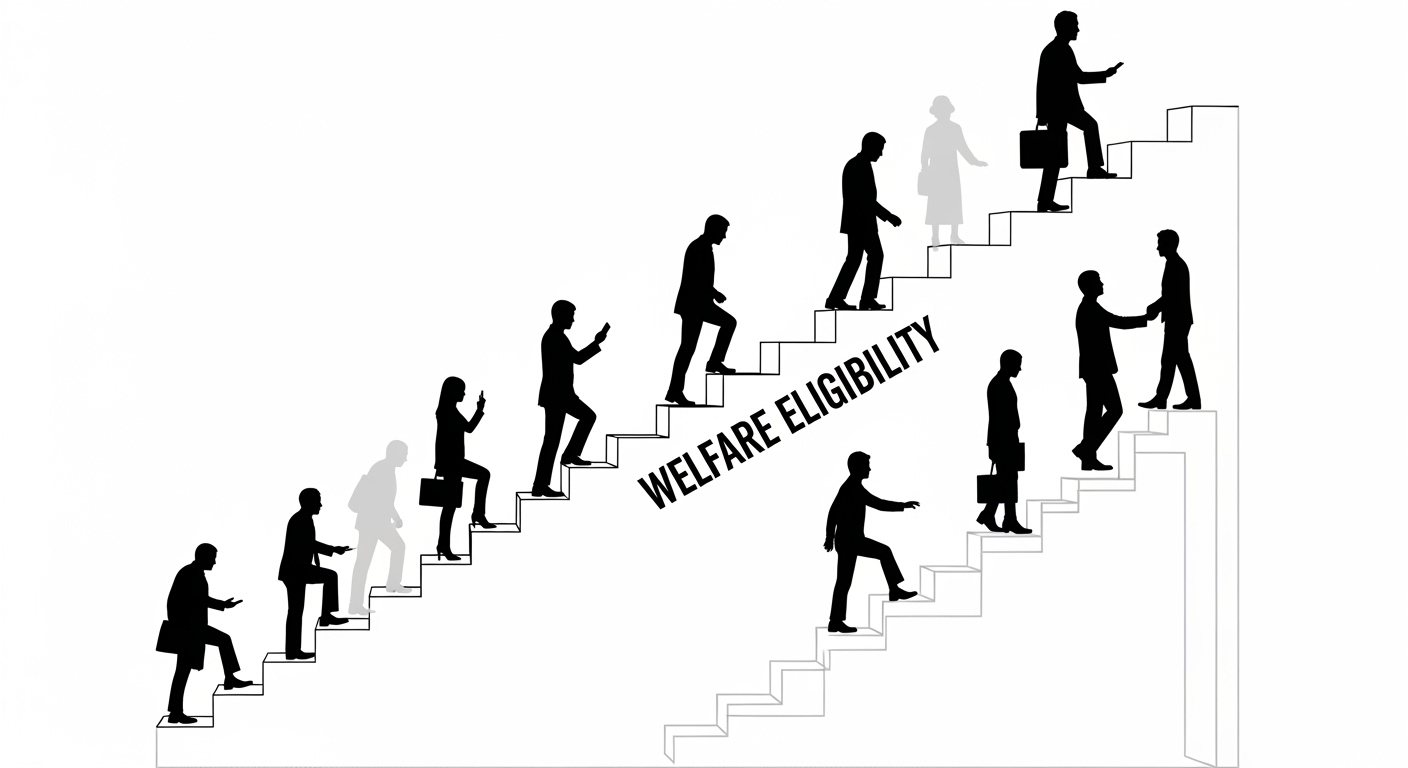 기준 중위소득 인상을 나타내는 계단이나 사다리를 올라가는 사람들의 실루엣. 복지 문턱이 낮아졌음을 상징