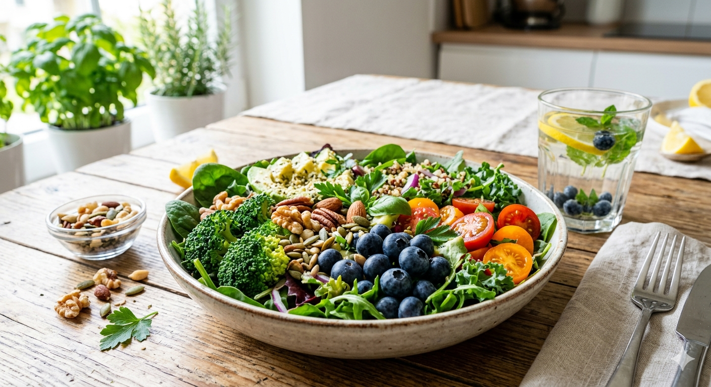 A vibrant healthy meal with blueberries, broccoli, tomatoes, and nuts, representing antioxidant-rich foods in a bright fresh style