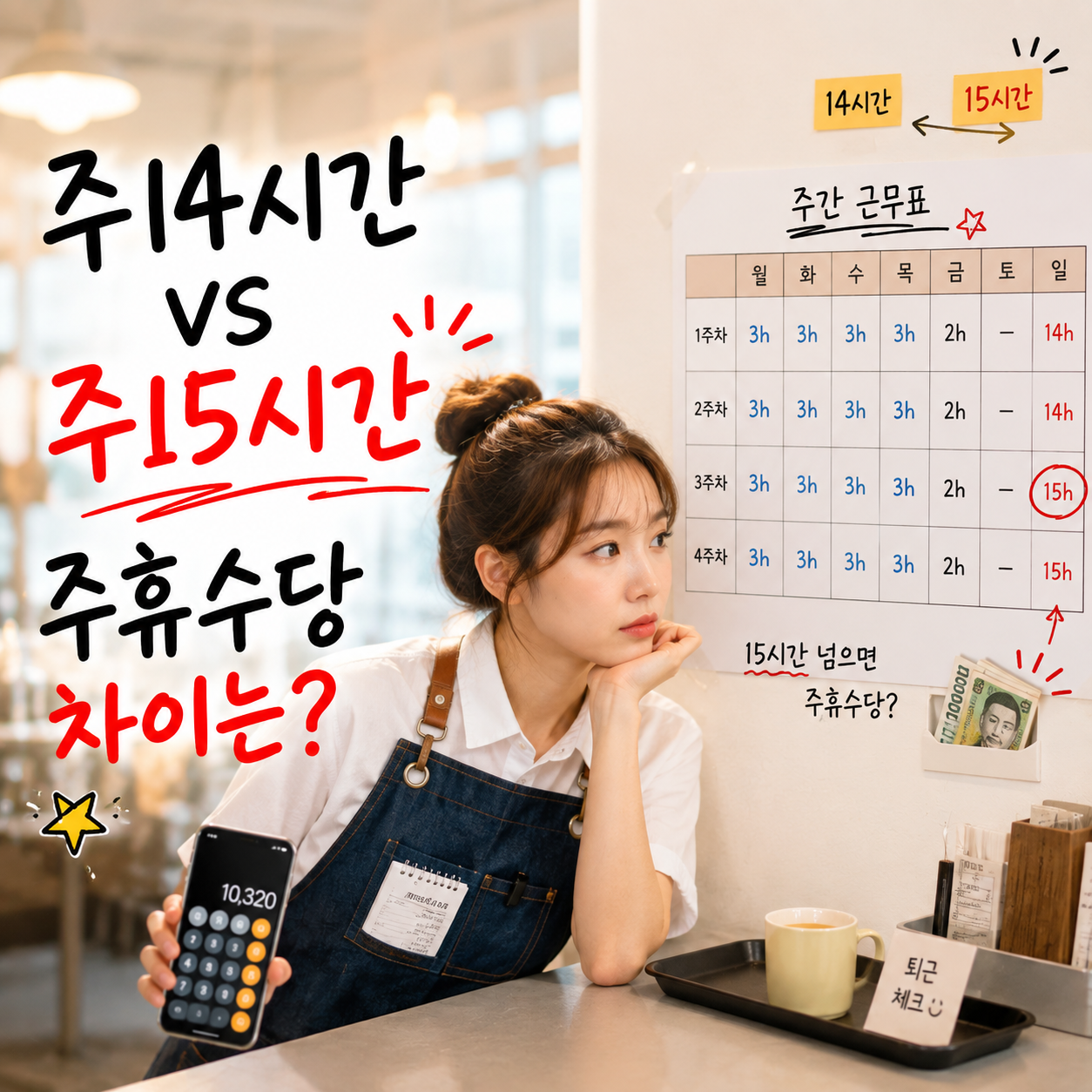 주14시간과 주15시간 알바 근무표를 비교하며 2026 최저시급 기준 주휴수당을 확인하는 모습