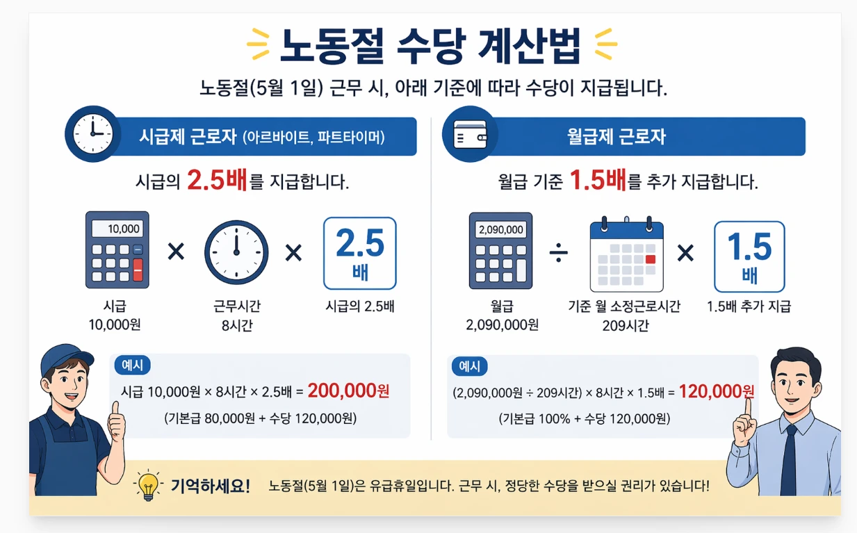 노동절 수당 계산법 인포그래픽: 시급제는 시급의 2.5배, 월급제는 월급 기준 1.5배 추가 지급을 보여주는 그림