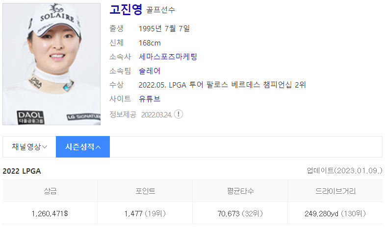 골프선수 고진영 인물정보(출처 : Daum 검색)