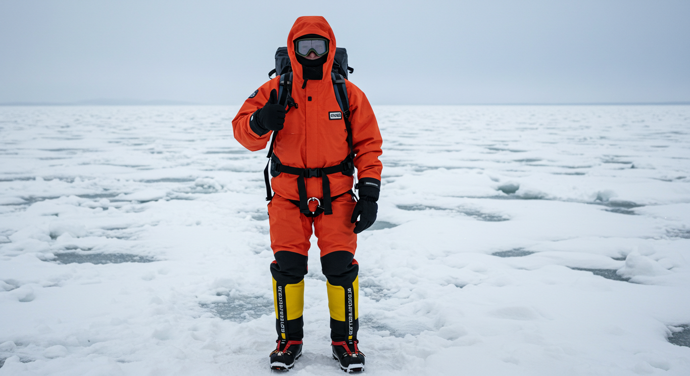 유빙 워크를 위한 특수 드라이수트를 착용한 모습