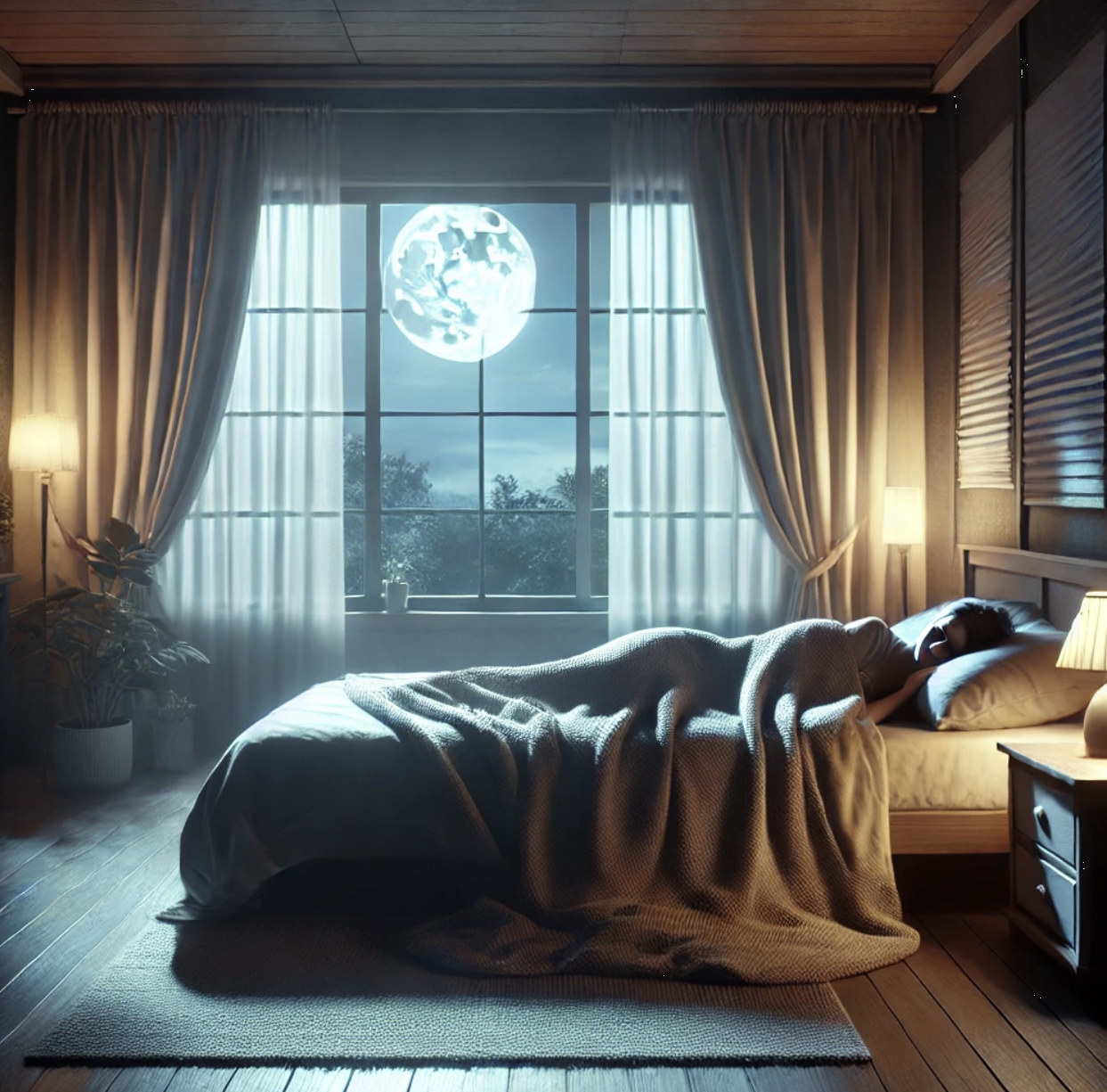 달빛이 비추는 창가 침대에서 숙면을 취하고 있는 모습