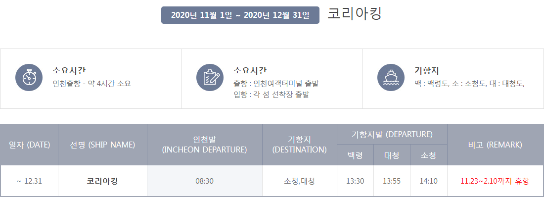 백령도 배편 시간표: 코리아킹 배 시간표