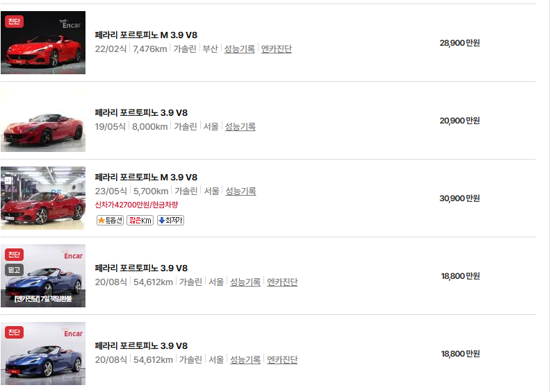 페라리 포르토피노 중고차 가격 시세표 유지비