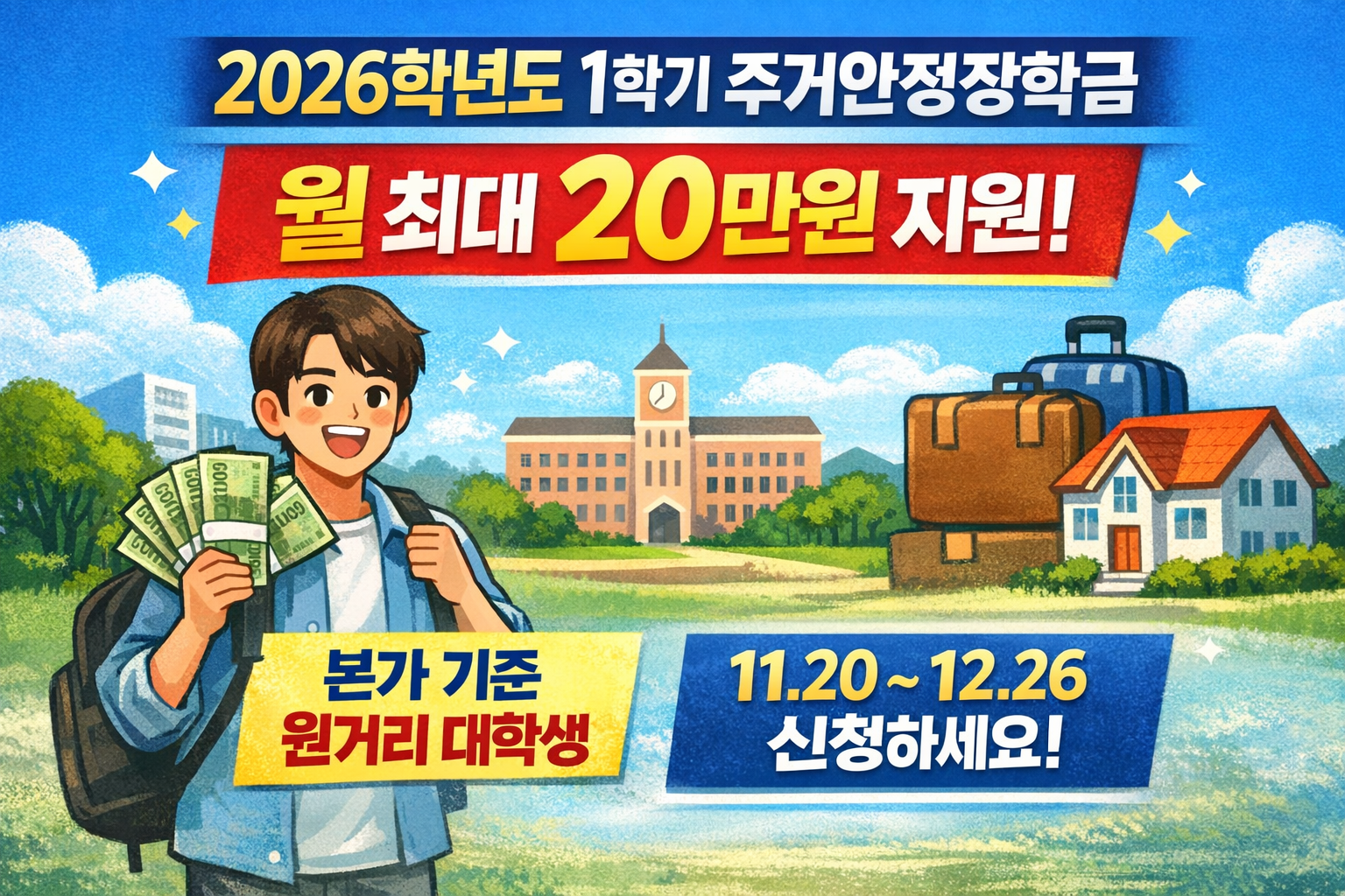 2026학년도 1학기 주거안정장학금 신청 안내, 원거리 대학생 월 최대 20만 원 지원 정보형 썸네일 이미지