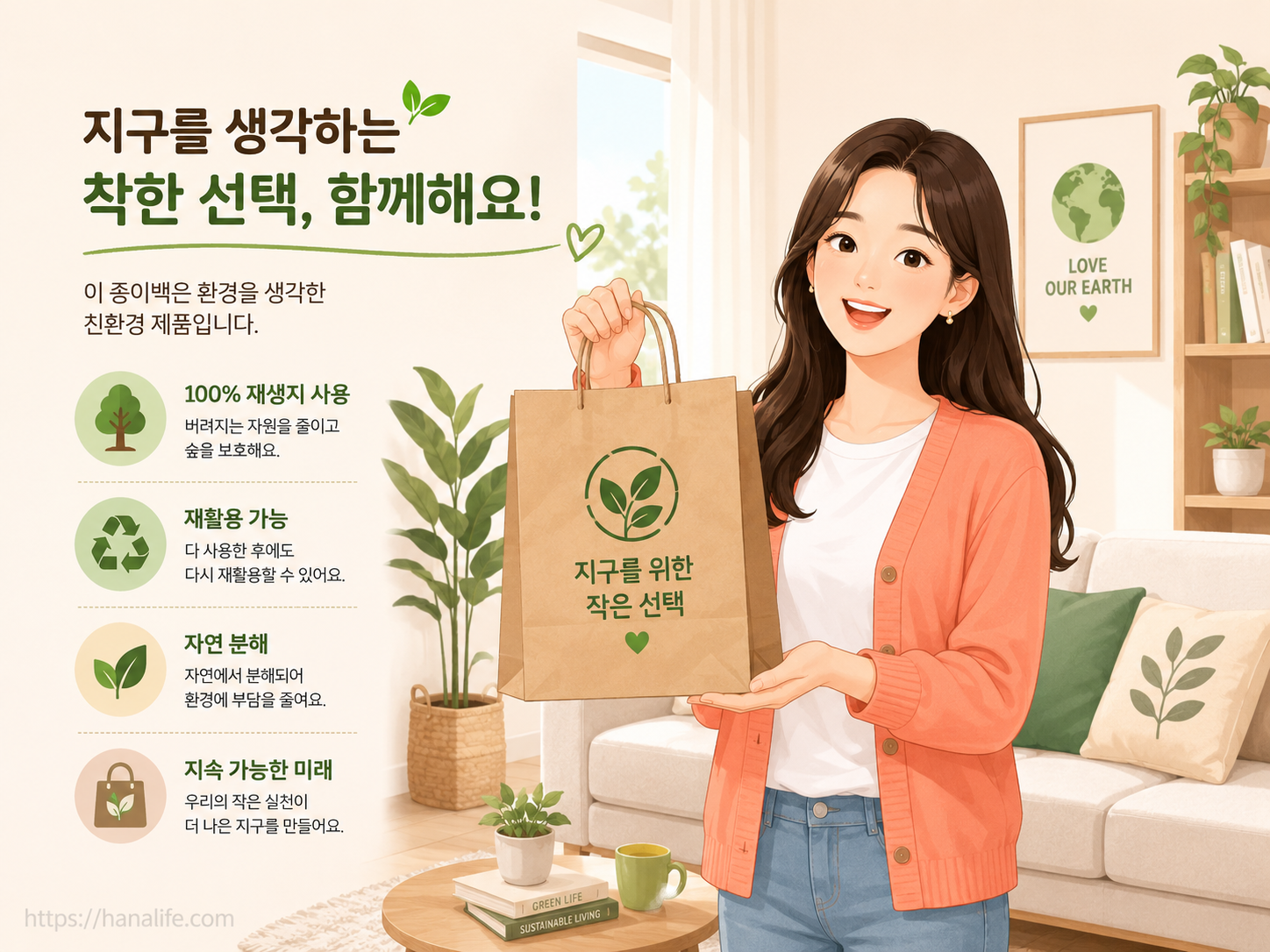 친환경 쇼핑백을 들고 비교 설명하는 장면