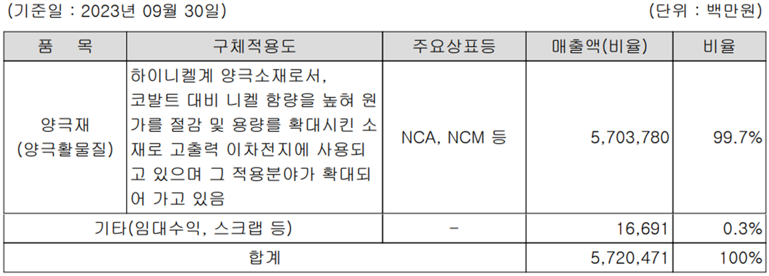에코프로비엠 - 주요 사업 부문 및 제품 현황(2023년 3분기)