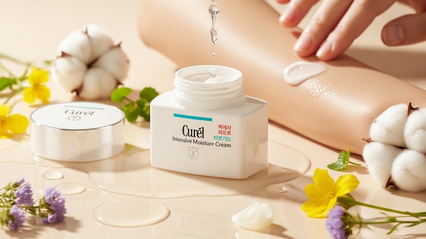 부드러운 면, 몇 방울의 물방울, 은은한 노란색과 보라색 꽃 장식과 같은 자연 요소로 둘러싸인 큐렐 인텐시브 모이스처 크림