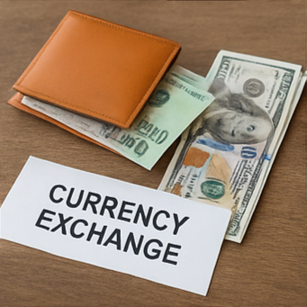 베트남 동과 미국 달러가 함께 들어 있는 갈색 지갑&amp;#44; 손에 지폐를 들고 있는 모습&amp;#44; &amp;#39;CURRENCY EXCHANGE&amp;#39; 안내 문구가 보이는 환전 장면의 실사 이미지