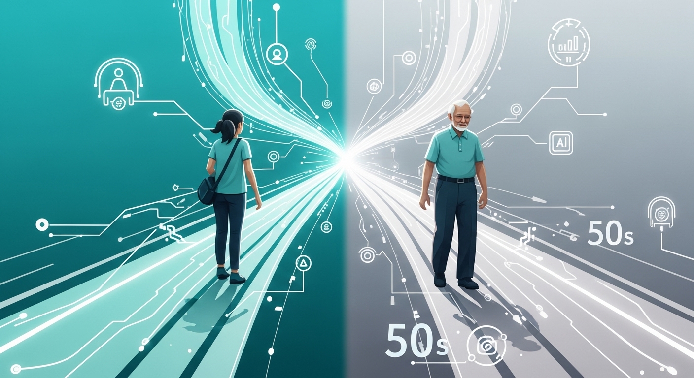 AI 시대에 맞춰 각 세대가 새로운 길을 찾아 적응하고 함께 나아가는 미래지향적인 모습.