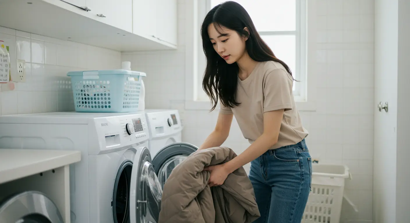 세탁기에 패딩을 넣는 여성