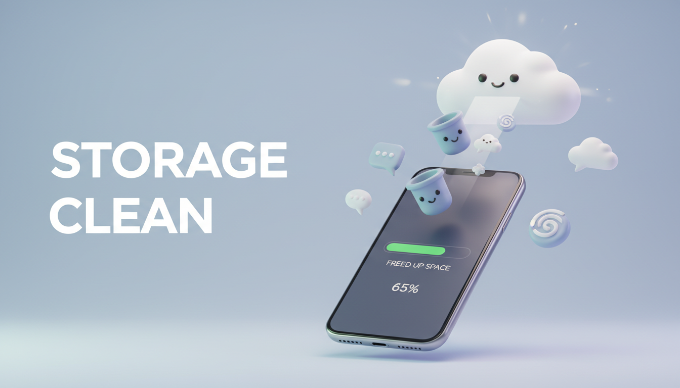 스마트폰 저장 공간 부족을 해결하기 위해 카카오톡 캐시 및 데이터를 정리하는 과정을 나타낸 3D 일러스트