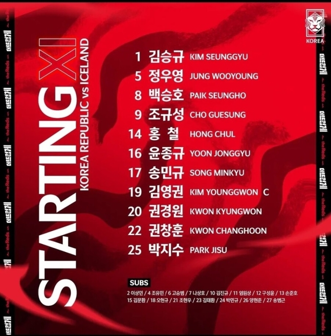 벤투호 최종 평가전(대한민국 VS 아이슬란드)
아이슬란드전 선발 라인업