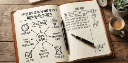 도파민 단식 효과와 뇌 피로 해소법을 위해 '5분 지연'과 '가치 기록' 전략을 도표로 정리한 집중 노트와 아날로그 시계 사진