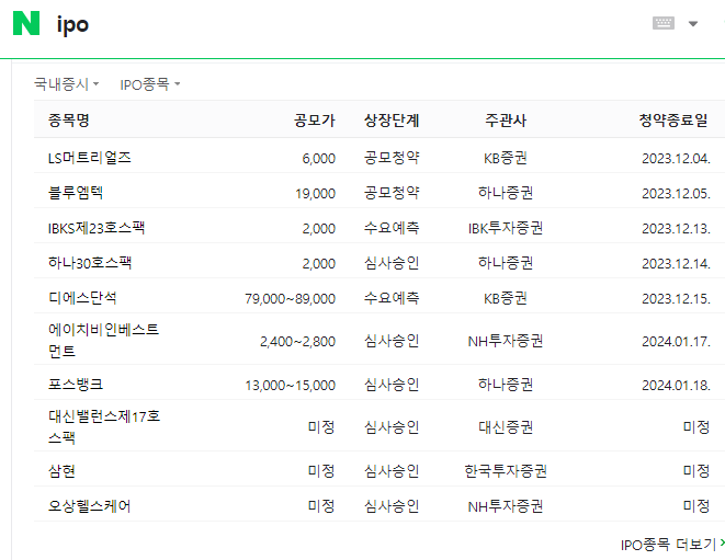 네이버에서 IPO를 검색하여 공모를 확인할 수 있다.