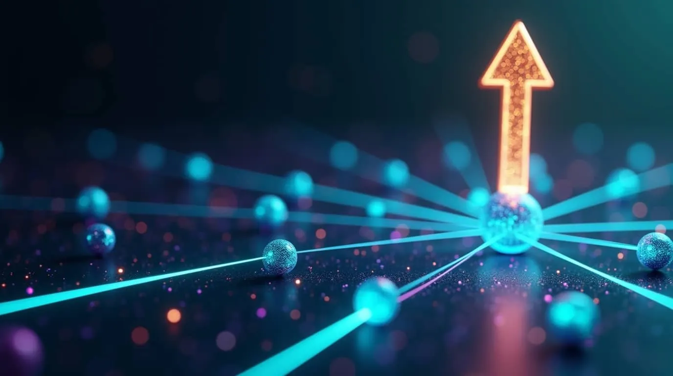 Infleqtion 중성 원자 양자컴퓨팅 기술을 표현한 블로그 대표 이미지. 중앙의 골든 상승 화살표 안에 원자 배열이 보이며, 주변의 청록색 빛나는 구체들이 레이저 빔으로 연결되어 양자 네트워크를 형성하고 있다. 딥 네이비와 퍼플 그라데이션 배경에 보케 효과의 입자들이 떠다니며 미래지향적이고 혁신적인 분위기를 전달한다. 이 이미지는 Infleqtion의 2026년 나스닥 상장과 중성 원자 양자컴퓨터 기술 성장을 시각적으로 표현한다 (Infleqtion NASDAQ IPO 2026, neutral atom quantum computing, quantum network, INFQ ticker)