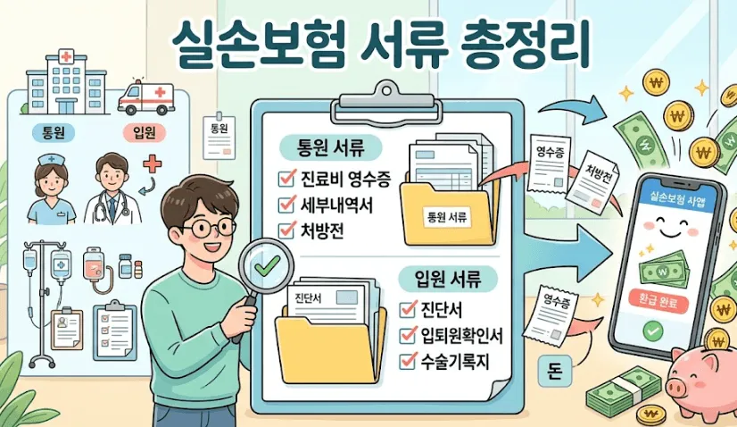 실손보험 청구 서류: 026년 기준 실손보험 청구 필수 서류를 설명하는 일러스트입니다. 통원 치료 시 필요한 진료비 영수증과 세부내역서, 입원 시 필요한 진단서 및 입퇴원확인서가 중앙의 대형 체크리스트에 명확히 정리되어 있습니다. 이렇게 준비된 병원 서류들이 스마트폰 보험 앱과 돼지저금통으로 빨려 들어가며 보험금으로 환급되는 과정을 직관적으로 표현했습니다