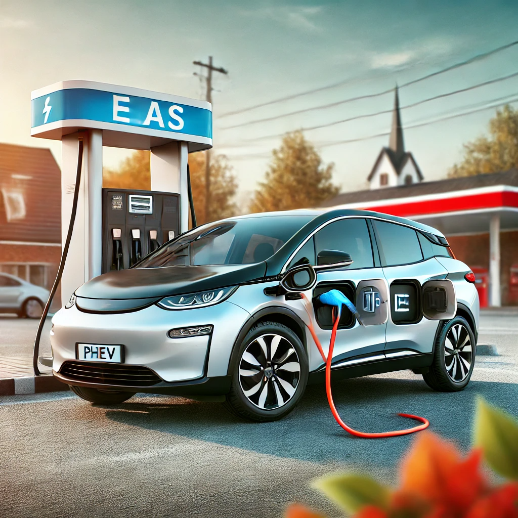 전기와 내연기관을 함께 사용하는 플러그인 하이브리드차. 주유소와 충전소가 함께 보이는 장면.