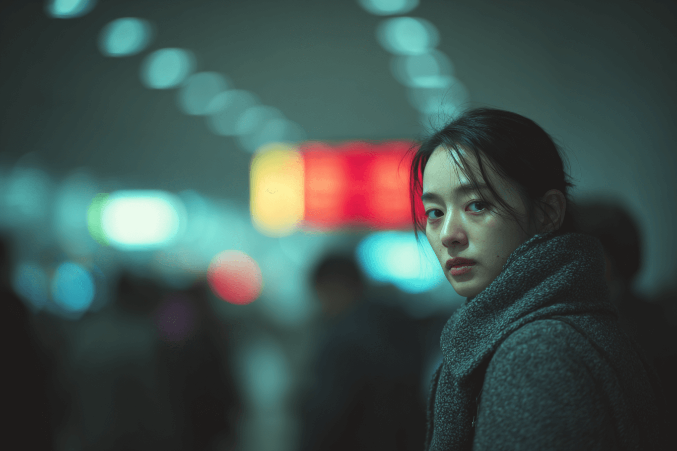 넓은-공공장소에-서-있는-심각한-표정의-여성