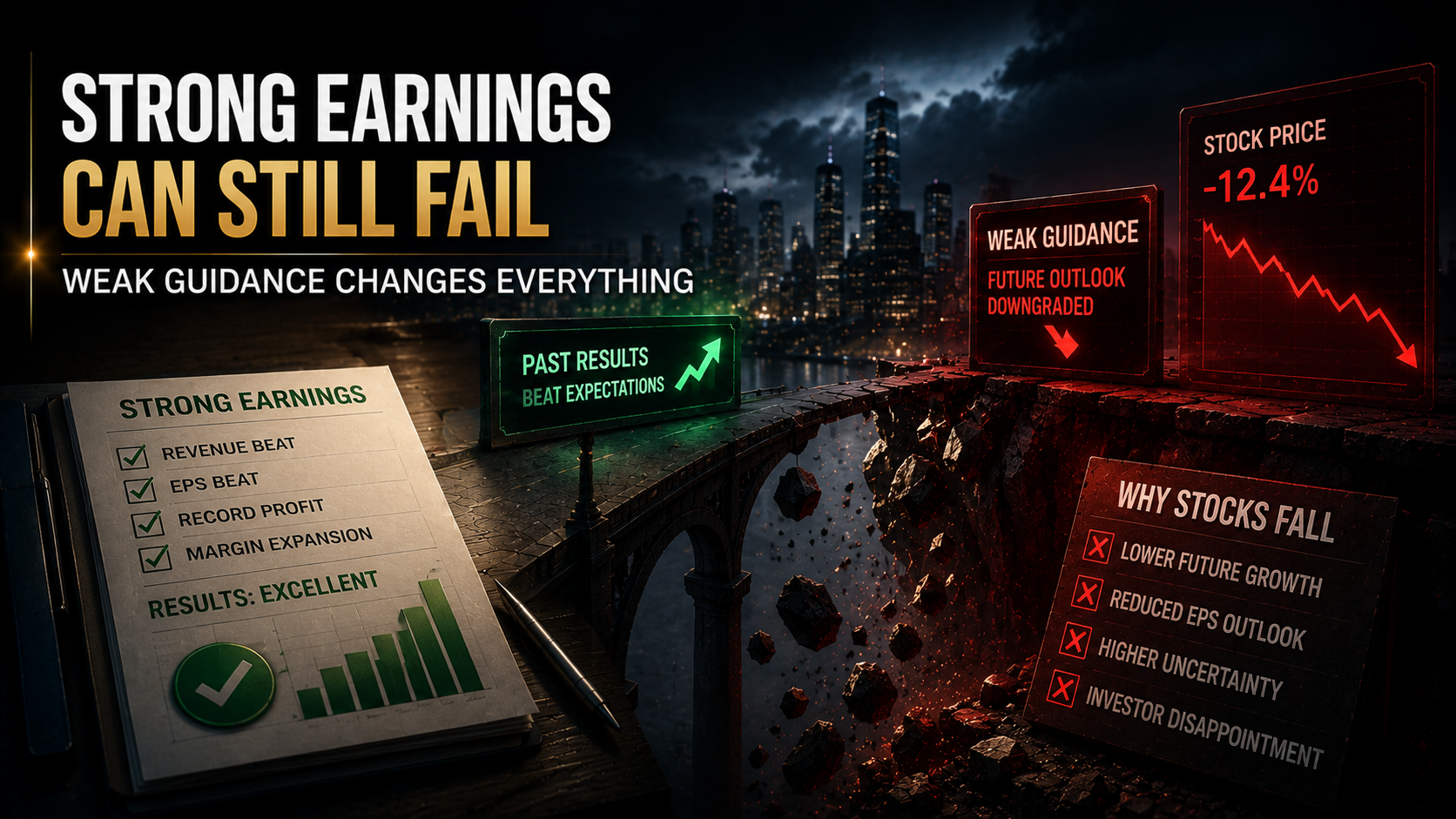 Strong earnings followed by weak guidance causing a sharp stock price decline.
