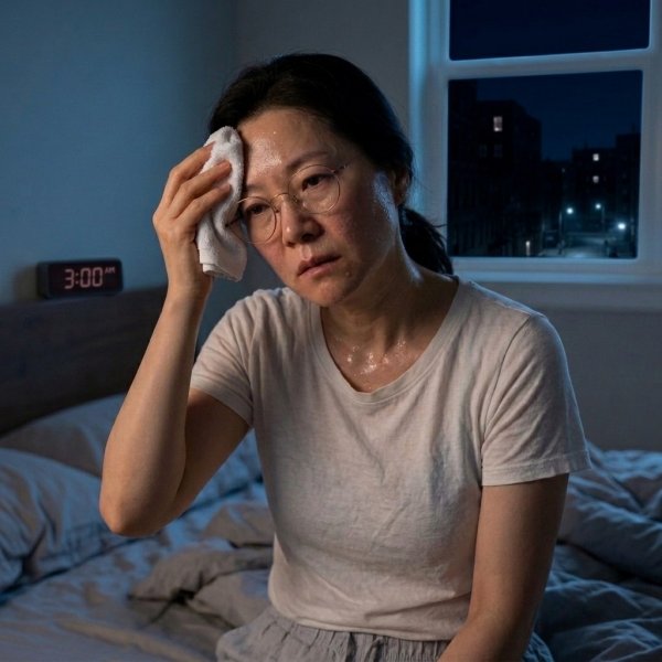 어두운 새벽 침실 침대에 앉아 피곤한 표정으로 수건을 들고 이마의 식은땀을 닦아내는 50대 한국 여성의 16:9 비율 실사 사진
